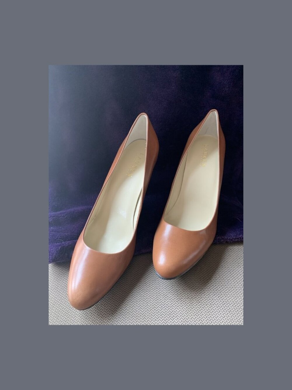 Ralph Lauren Zabrina Round Toe Pumps Brown Tan Kidskin Camel Cognac Leather